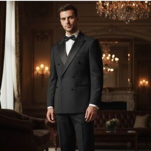 Vintage Mens Black Double Breasted Tuxedo Jacket Satin Lapels Formal Wear